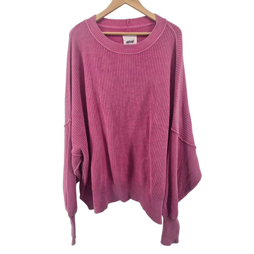 Aerie Sweater Womens XXL Pink Oversized Shaker Rib Cotton Pullover Crew Neck *